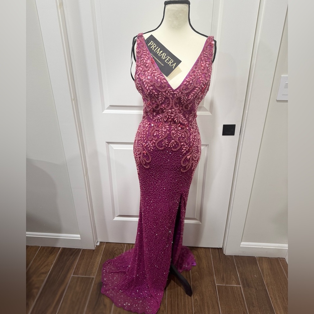 Primavera Couture 3923 Size 2 Fuchsia Long Beaded Prom Dress V-neck Evening Gown